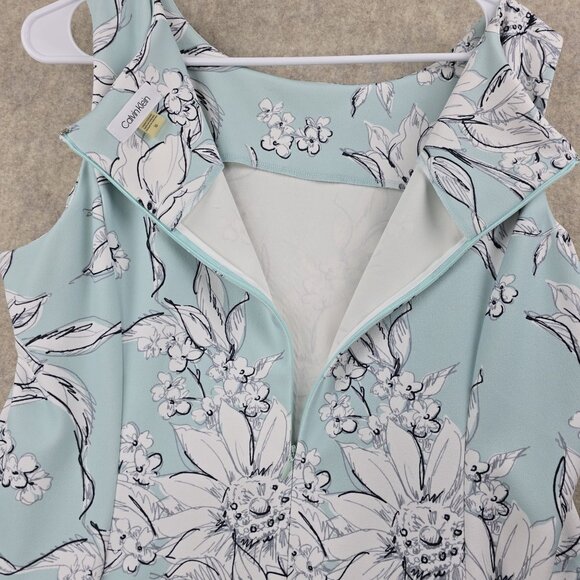 Floral Sleeveless Mint Green & White Fit And Flare Midi Dress 94% Polyester Mesh - Picture 3 of 8